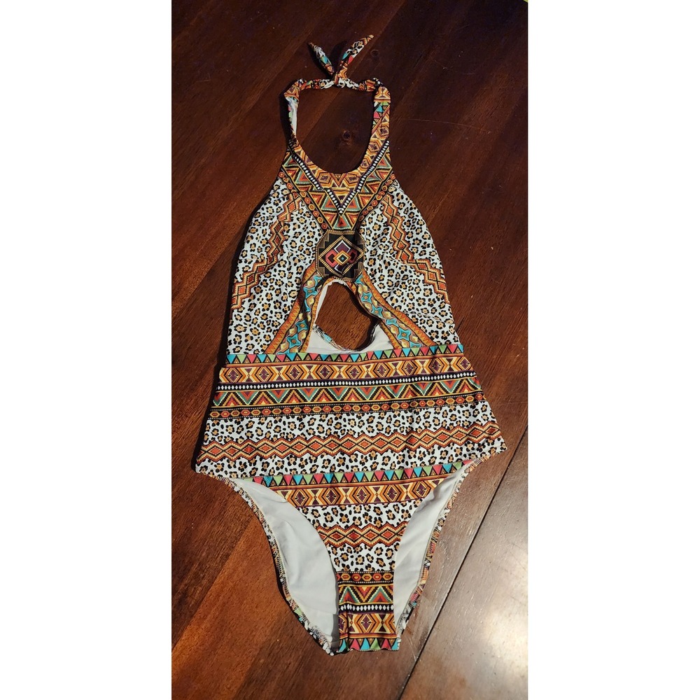 Jolidon‎ One Piece Swimsuit Women M Tribal Geometric Print Halter Cutout